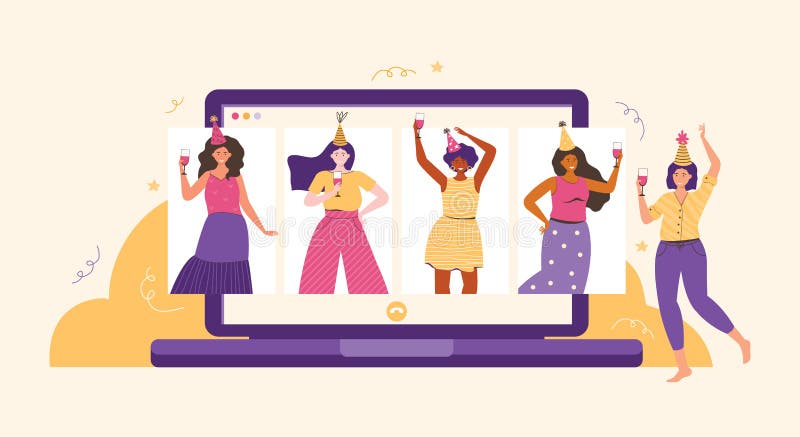 Online πάρτι γενέθλια φίλοι. επικοινωνία μέσω συνομιλίας με ζουμ βίντεο. οι γυναίκες διασκεδάζουν και μιλάνε και πίνουν ελεύθερη απεικόνιση δικαιώματος