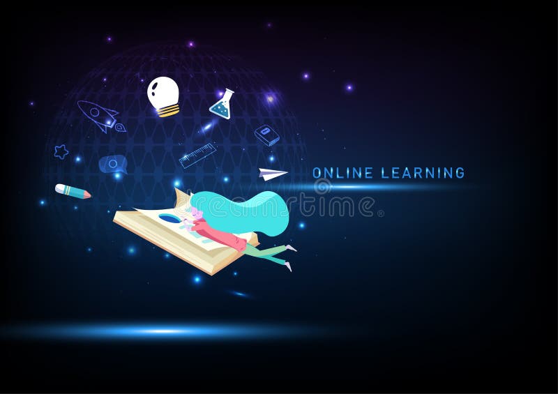 Onlineutbildad flicka läser bok om digitala futuristiska bakgrundskontaktvektor för personer som lär sig konceptvektor royaltyfri illustrationer