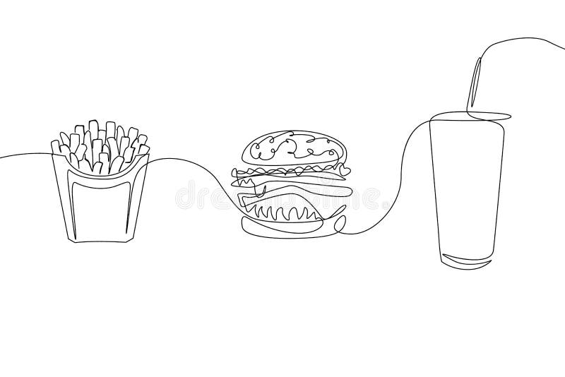 Ononderbroken fastfood van de lijntekening Frieten, hamburger en een glas soda stock illustratie Ononderbroken fastfood van de lijntekening Frieten, hamburger en een glas soda stock illustratie