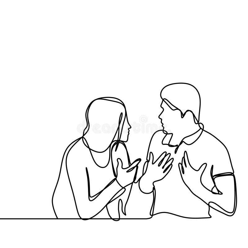 Ononderbroken lijntekening van paar in conflict Man en vrouwen die elkaar met boze geïsoleerde gebaar vectorillustratie spreken