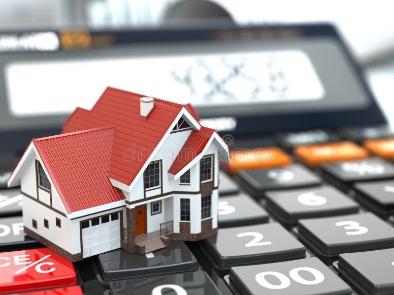 Onroerende goederenconcept. Huis op calculator. Hypotheek. vector illustratie Onroerende goederenconcept. Huis op calculator. Hypotheek. vector illustratie