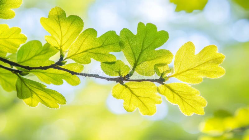 The onset of spring brings with it an explosion of fresh green leaves sprouting against a dazzlingly bright background stock photography