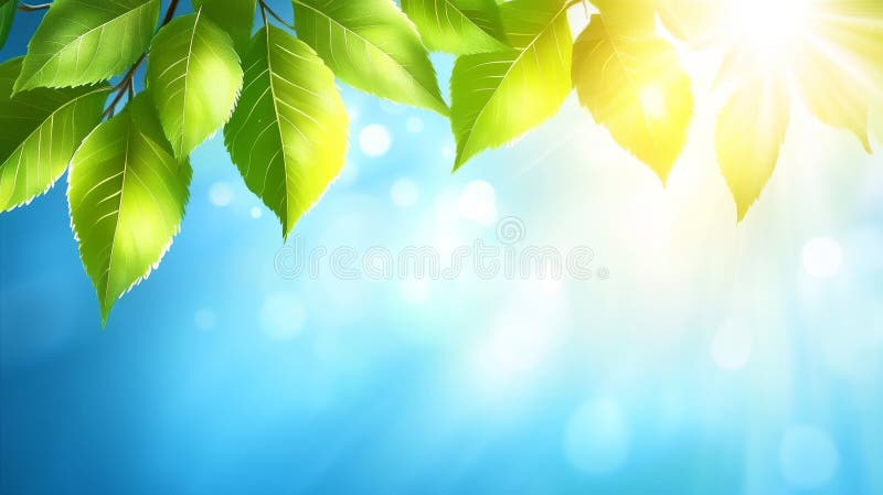 The onset of spring brings with it an explosion of fresh green leaves sprouting against a serene background stock photo