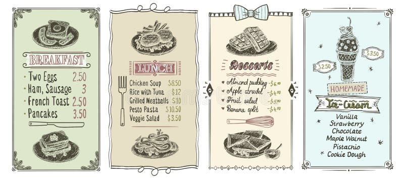 Ontbijt, lunch, desserts en de lijstreeks van het roomijsmenu vector illustratie Ontbijt, lunch, desserts en de lijstreeks van het roomijsmenu vector illustratie