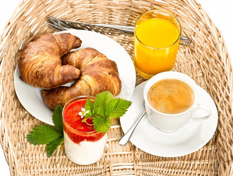 Ontbijt met koffie, croissant en jus d'orange stock afbeelding Ontbijt met koffie, croissant en jus d'orange stock afbeelding