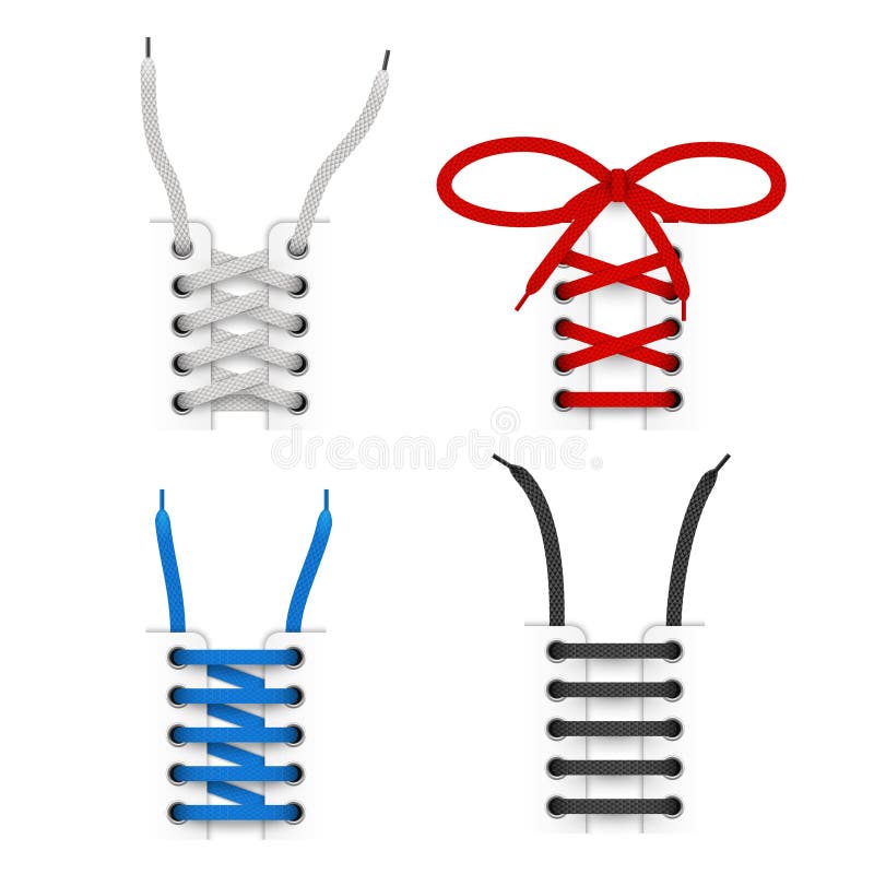 Lacing technique for sneaker, sport, running shoes, trainers realistic templates set. Boots laces types. Shoestrings, red, black, blue, white shoelaces. Vector collection isolated illustration. Lacing technique for sneaker, sport, running shoes, trainers realistic templates set. Boots laces types. Shoestrings, red, black, blue, white shoelaces. Vector collection isolated illustration.