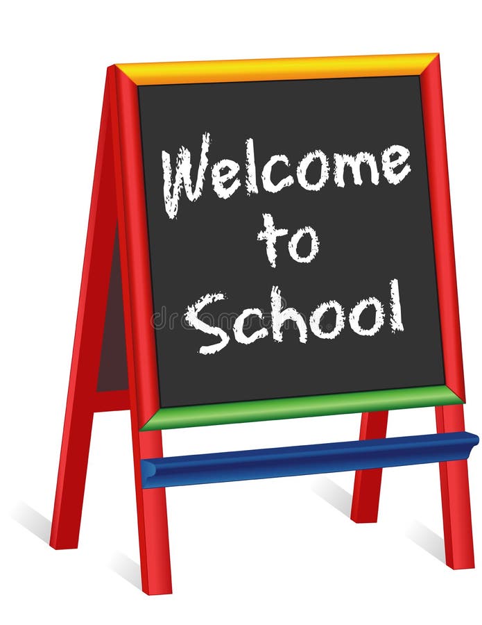 Welcome to School chalk text greeting on multi color wood childrens easel folding sign, for preschool, daycare, nursery school, kindergarten, elementary school. Welcome to School chalk text greeting on multi color wood childrens easel folding sign, for preschool, daycare, nursery school, kindergarten, elementary school.