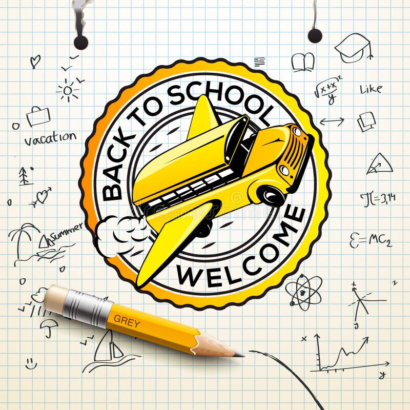 Onthaal terug naar schoolembleem, geruite document bladtextuur, tekeningsachtergrond uit de vrije hand, vectorillustratie stock illustratie Onthaal terug naar schoolembleem, geruite document bladtextuur, tekeningsachtergrond uit de vrije hand, vectorillustratie stock illustratie