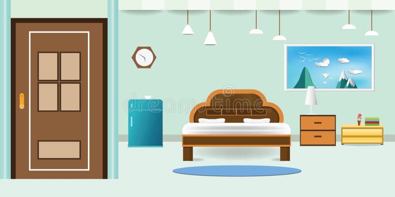 Ontspant het slaapkamer binnenlandse vlakke ontwerp dat het blauwe kabinet van de deurijskast, de wolkenlandschap van de omlijsti stock illustratie Ontspant het slaapkamer binnenlandse vlakke ontwerp dat het blauwe kabinet van de deurijskast, de wolkenlandschap van de omlijsti stock illustratie