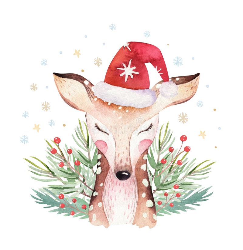 Ontwerp van het de herten dierlijke portret van het waterverf het leuke beeldverhaal De kaart van de de wintervakantie op witte a vector illustratie Ontwerp van het de herten dierlijke portret van het waterverf het leuke beeldverhaal De kaart van de de wintervakantie op witte a vector illustratie