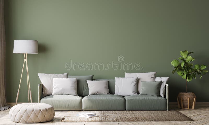 Ontwerp van het lege muurinterieur in de moderne woonkamer met groene armstoel met witte kussens in scandinavische stijl