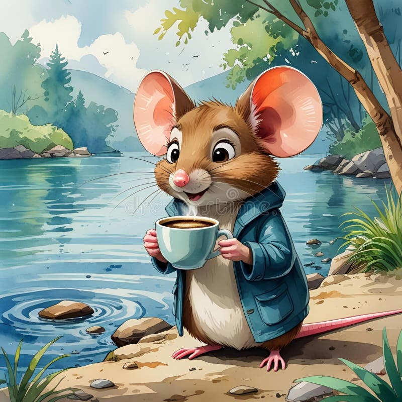 Mouse drinking coffee in forest Cartoon stock photography