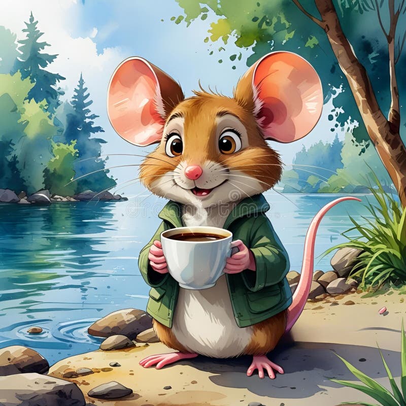 Mouse drinking coffee in forest Cartoon royalty free stock photography