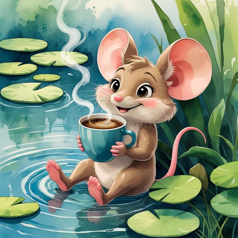 Mouse drinking coffee in forest Cartoon royalty free stock photo