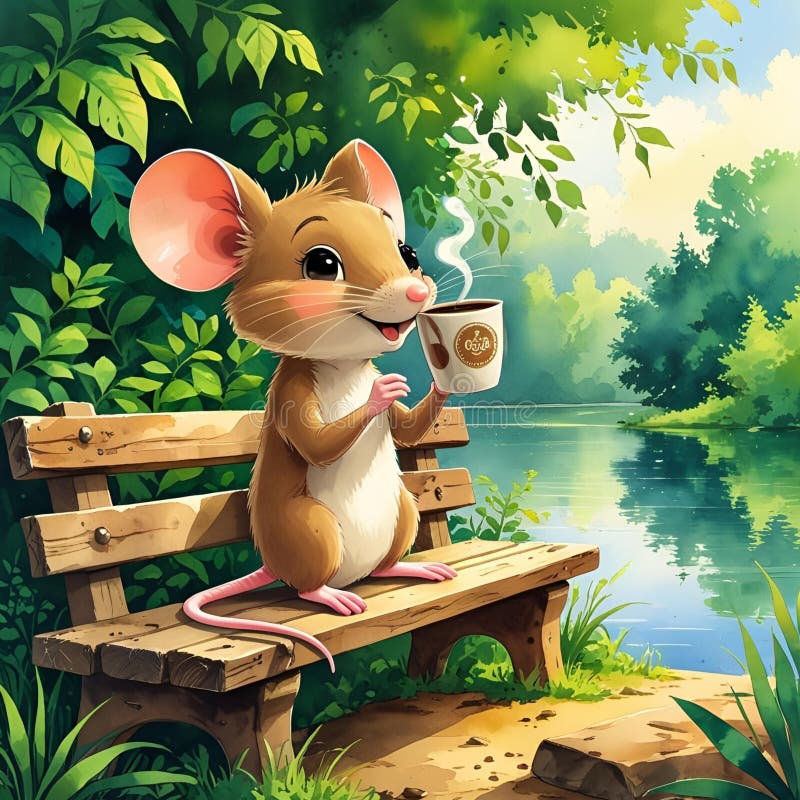 Mouse drinking coffee in forest Cartoon stock images