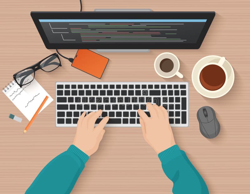 Ontwikkelaar die bij computer werken Programmeurshanden het coderen Programmerend vlak illustratieconcept Vector hoogste mening royalty-vrije illustratie Ontwikkelaar die bij computer werken Programmeurshanden het coderen Programmerend vlak illustratieconcept Vector hoogste mening royalty-vrije illustratie