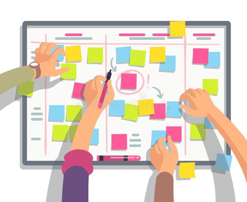 Ontwikkelaarsteam die wekelijkse programmataken op taakraad plannen Groepswerk en samenwerkings vector vlak concept Ontwikkelaarsteam die wekelijkse programmataken op taakraad plannen Groepswerk en samenwerkings vector vlak concept