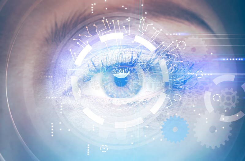 Oog van vrouwen dichte omhooggaand, HUD-infographicsinterface royalty-vrije illustratie Oog van vrouwen dichte omhooggaand, HUD-infographicsinterface royalty-vrije illustratie