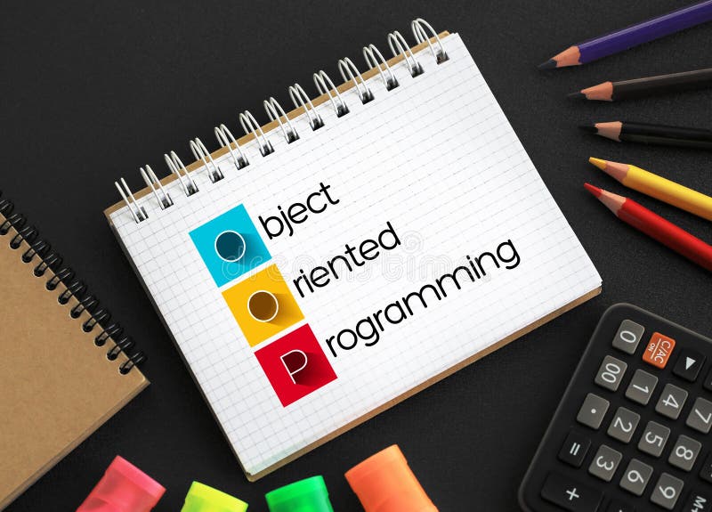 OOP Object-oriented programming - based on the concept of objects, which can contain data and code, acronym text on notepad vector illustration