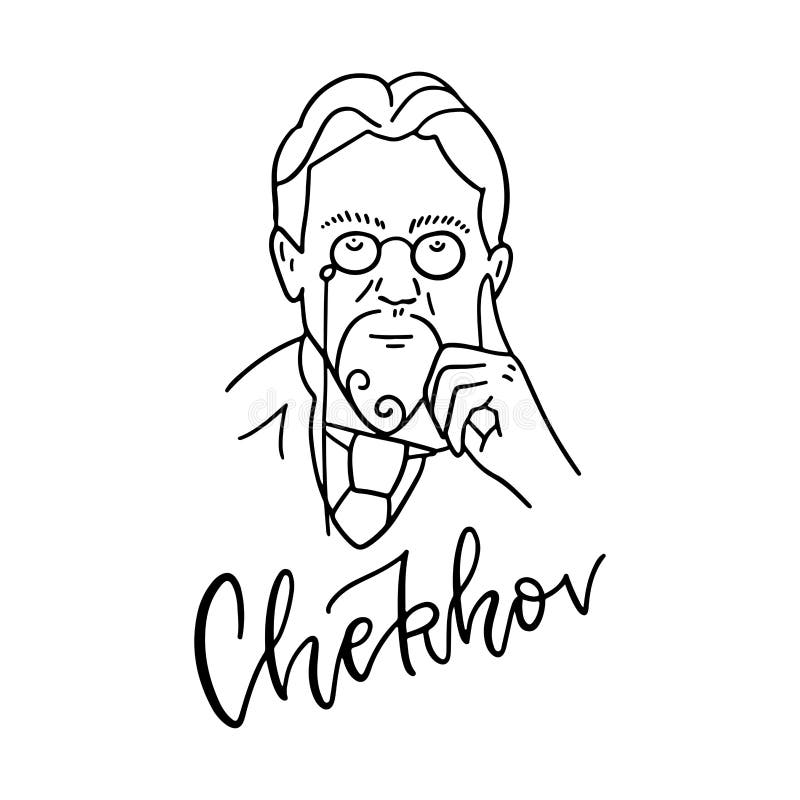 Oortrait of the writer Anton Chekhov. Famous Russian writer, prose writer, playwright, doctor. Black and white linear sketch of a hand drawn portrait. Vector line illusttartion with lettering text.