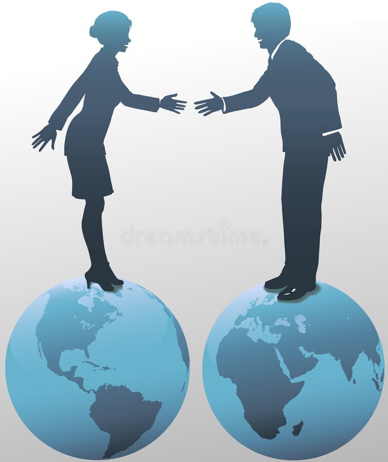 Oost-west BedrijfsMensen op de Bollen van de Wereld stock illustratie Oost-west BedrijfsMensen op de Bollen van de Wereld stock illustratie