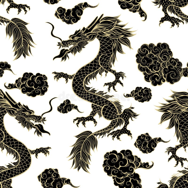 Oosterse zwarte draak in wolken naadloos patroon. traditioneel chinese mythologisch dier