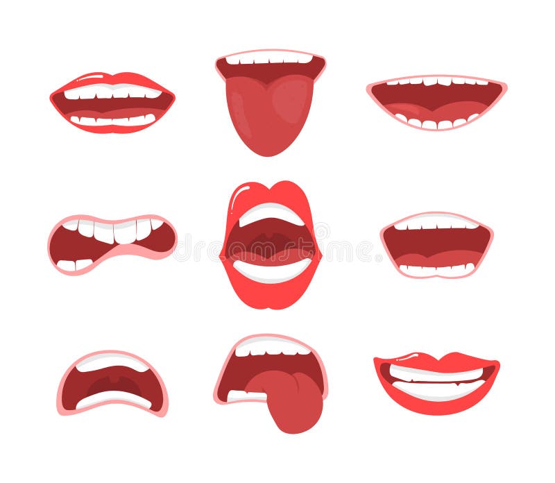 Conjunto de bocas de desenho animado. boca aberta, língua protuberante,  sorriso. boca de vetor.