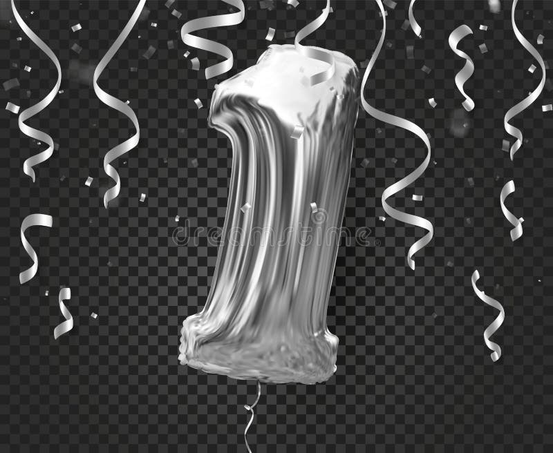 Opblaasbare bal één jaar met symbool 1 en feestelijke confettien, linten die hierboven vallen van Folie, zilveren textuur Vector royalty-vrije illustratie Opblaasbare bal één jaar met symbool 1 en feestelijke confettien, linten die hierboven vallen van Folie, zilveren textuur Vector royalty-vrije illustratie