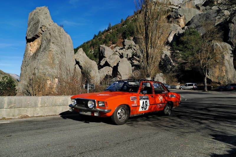 DIE, FRANCE, FEBRUARY 5, 2024. Classic german car Opel Commodore GS of 1975, during the 26th Rallye Monte-Carlo Historique of 2024, in southern France. DIE, FRANCE, FEBRUARY 5, 2024. Classic german car Opel Commodore GS of 1975, during the 26th Rallye Monte-Carlo Historique of 2024, in southern France.