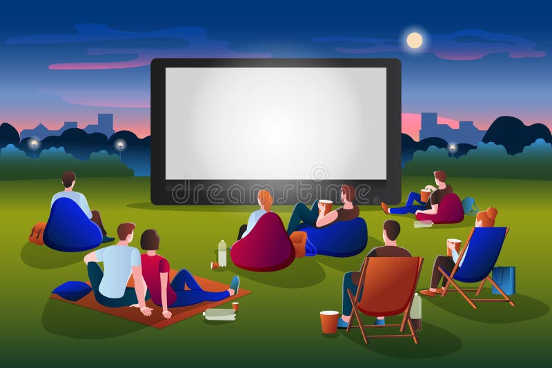 Open-air cinema vector illustration. People watching movie in night city park. Film festival and presentation concept. Open-air cinema vector flat cartoon