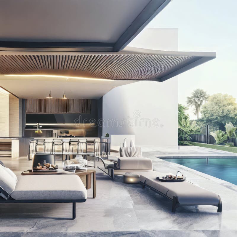 Open-air Lounging Area with a Pool at a Luxury Modern Villa, Generative