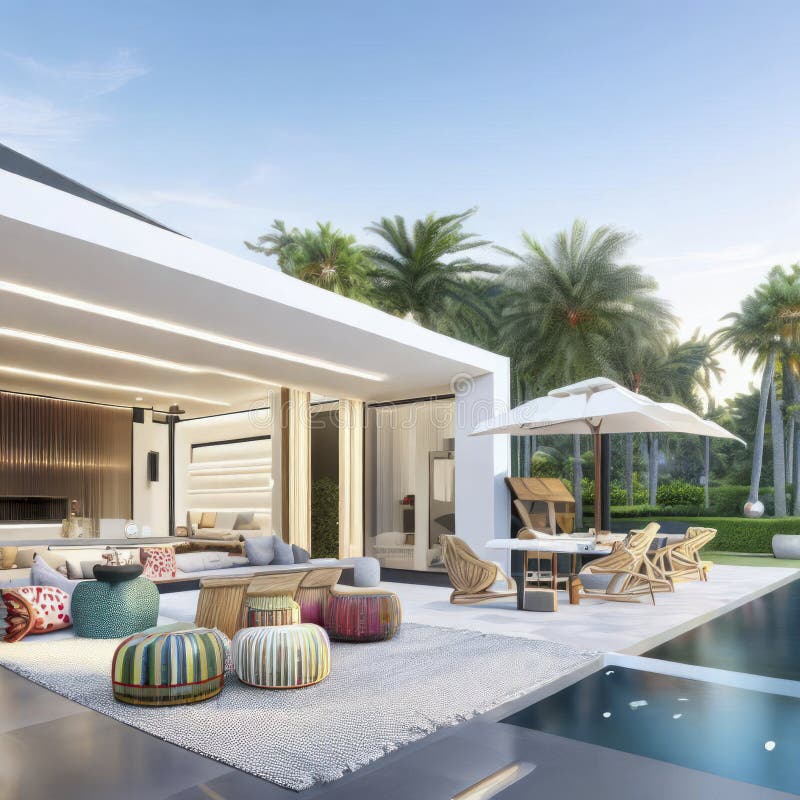 Open-air Lounging Area with a Pool at a Luxury Modern Villa, Generative