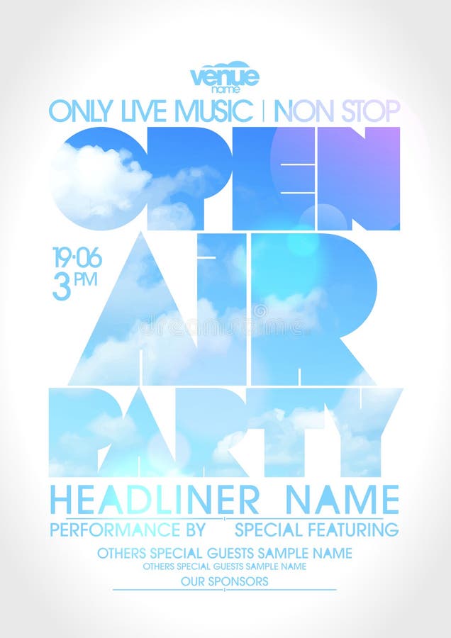 Open air party poster with text silhouette on a sky.