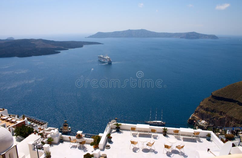 Open air restaurant and liner in a sea