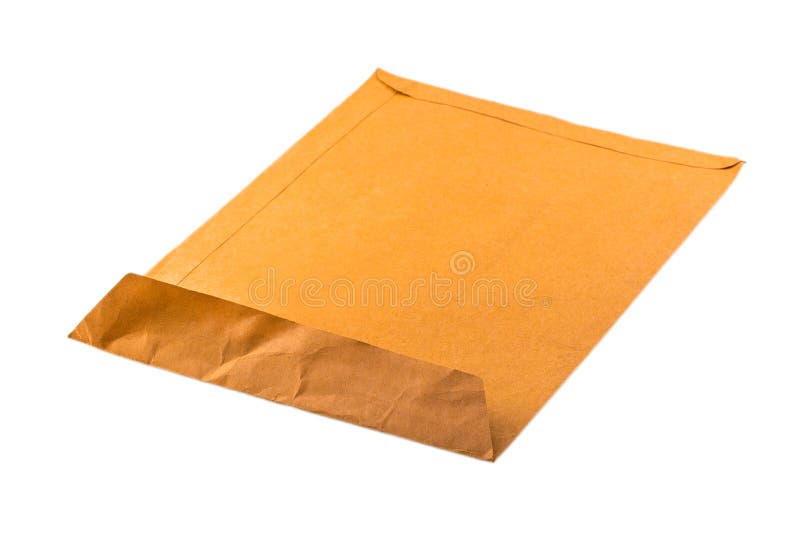 Open använde det gula kuvertet som isolerades på vit bakgrund arkivfoto Open använde det gula kuvertet som isolerades på vit bakgrund arkivfoto