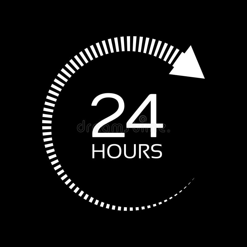 Open around the clock serving clock arrow sign. White Sign isolated on dark background. Open 24 hours a day icons.