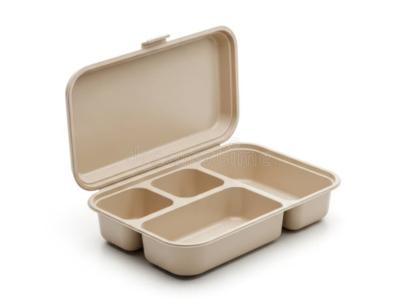 Open bento-style lunch box with three compartments stock illustration