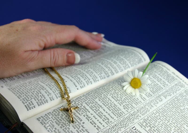 Hand touching pages of open bible, with gold crucifix and flower