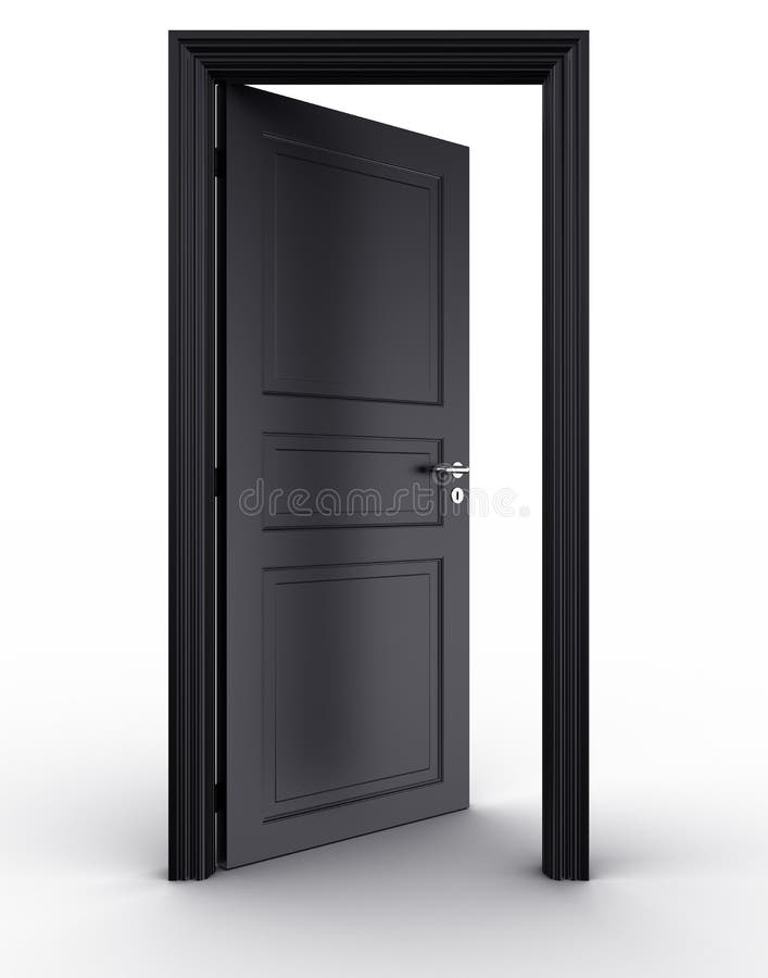 3d rendering of a black open door standing on a white floor. 3d rendering of a black open door standing on a white floor