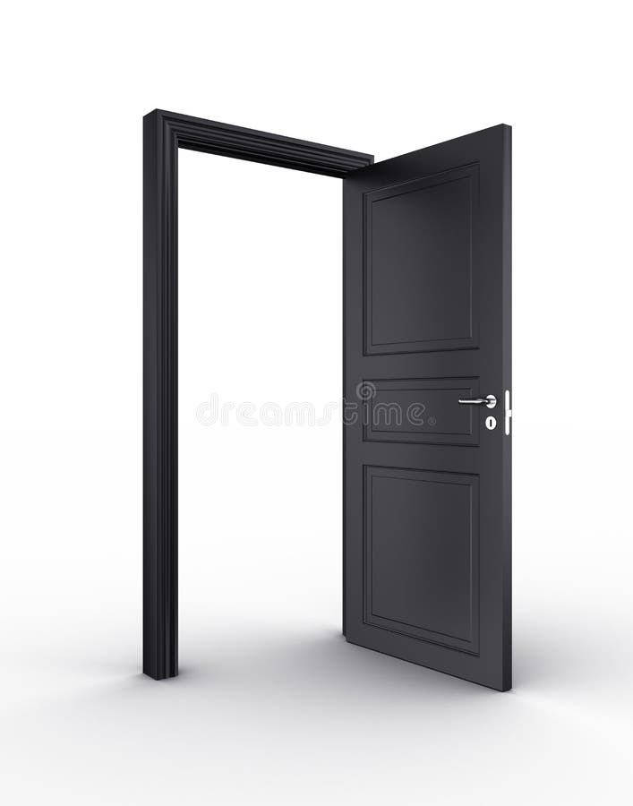 3d rendering of a black open door standing on a white floor. 3d rendering of a black open door standing on a white floor