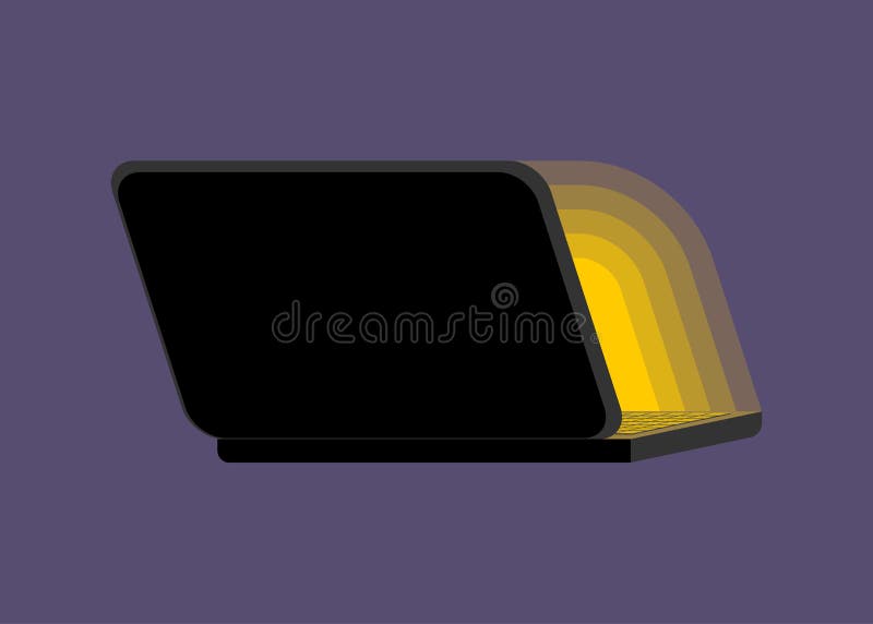 Open Black Laptop Back At Night. Screen Light. Shine Notebook Pc Stock