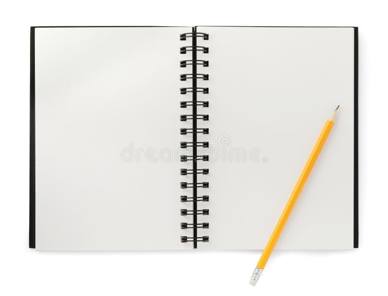 Open Blank Notebook with Pencil Isolated on White, Top View Stock Photo