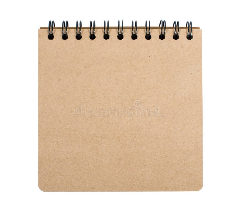 Open blank square notebook from brown craft paper with a spiral lies on a white background stock photos