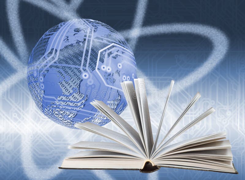 Open book on an abstract green background. Stylized image of the globe in the background royalty free stock photos.