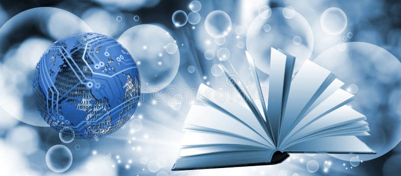 Open book on an abstract green background. Stylized image of the globe in the background stock photos