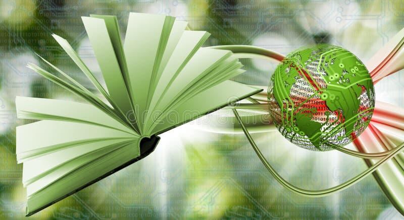 Open book on an abstract green background. Stylized image of the globe in the background royalty free stock image.