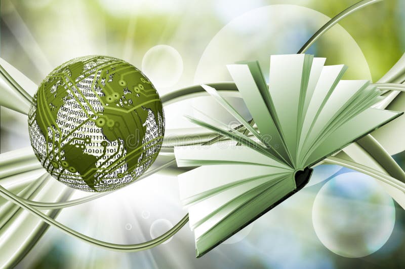 Open book on an abstract green background. Stylized image of the globe in the background stock images