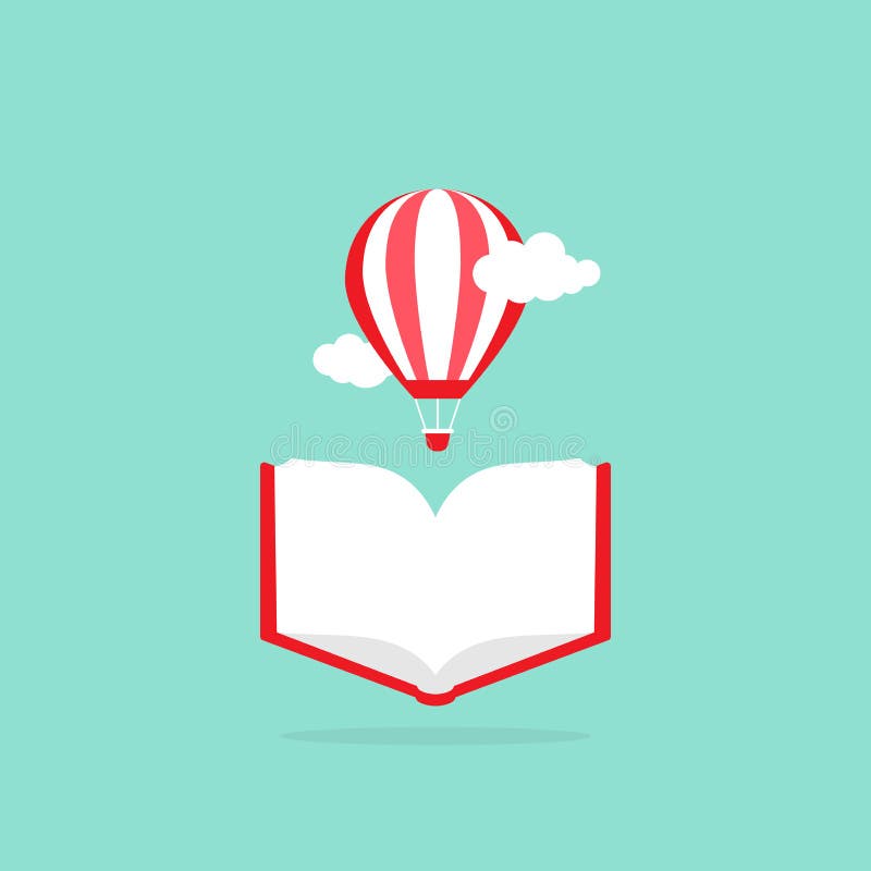 Open Book with Air Balloon and Clouds Isolated on Blue Background Stock ...