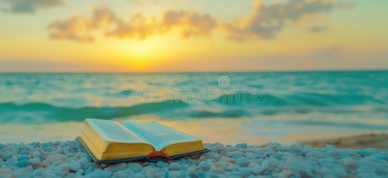 Open book on beach at sunset, waves crashing, serene atmosphere, soft colors, peaceful scene, copy space for text stock photos