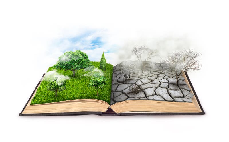 An open book. Bipolarity. On one side, nature, on another smog and a drought isolated on a white royalty free stock image An open book. Bipolarity. On one side, nature, on another smog and a drought isolated on a white royalty free stock image